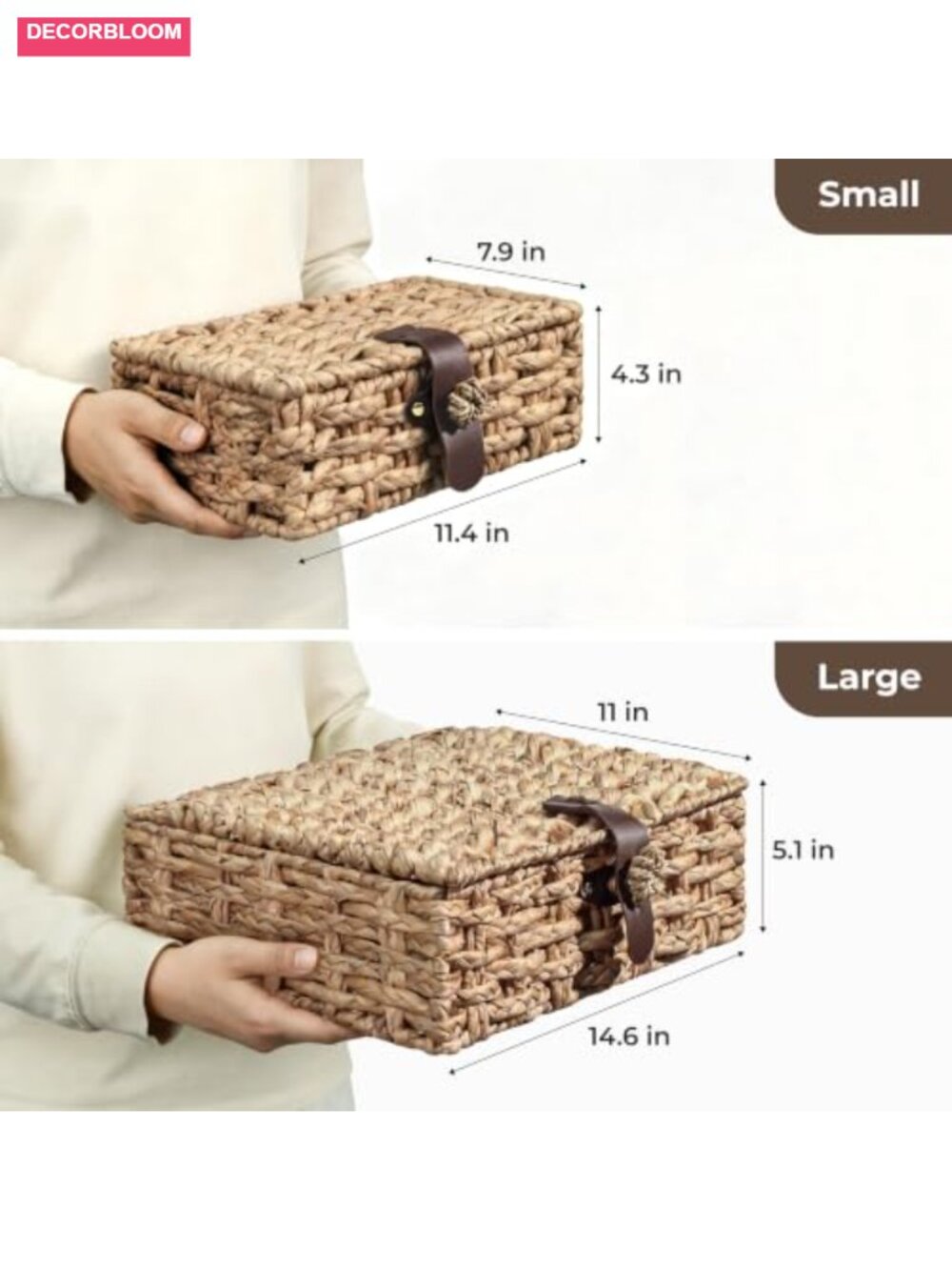 Set of 2 Wicker Storage Baskets with Lids Water Hyacinth Magnetic Clasp - Picture 2 of 6